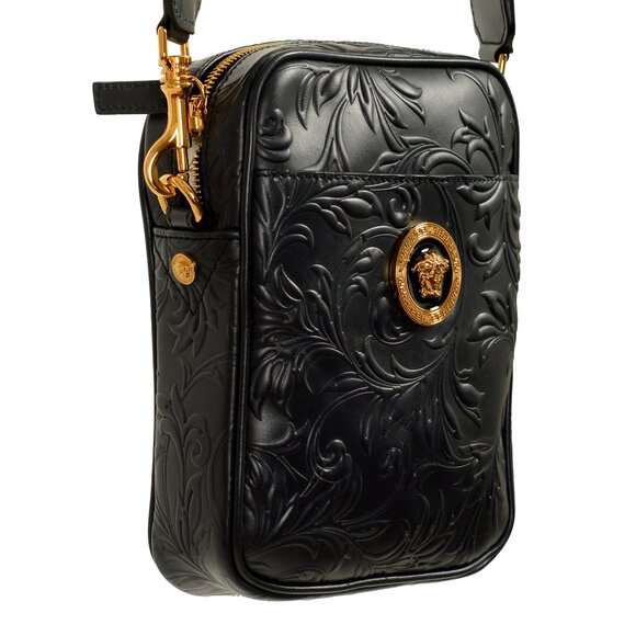 Versace Unisex Navy Blue Barocco Embossing Leather Crossbody Shoulder Bag - Picture 4 of 8